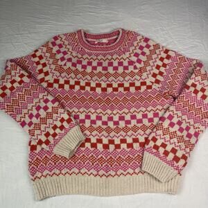 Marine Layer Fair Isle Sweater Womens M Pink Red Nordic Cottagecore Chunky Knit